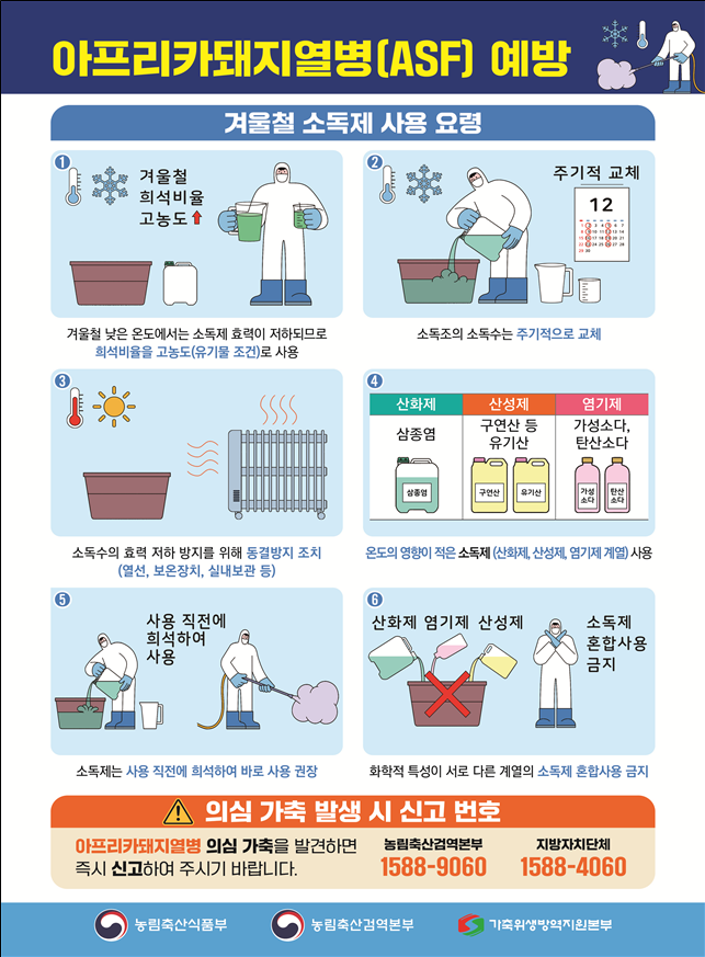 아프리카돼지열병(asf) 예방 겨울철 소독제 사용 요령 1번 겨울철 희석비율 고농도 겨울철 낮은 온도에서는 소독제 효력이 저하되므로 희석비율을 고농도(유기물 조건)로 사용 2번 주기적 교체 소독조의 소독수는 주기적으로 교체 3번 소독수의 효력 저하 방지를 위해 동결방지 조치(열선, 보온장치, 실내보관 등) 4번 산화제 삼종염 산성제 구연산 등 유기산 염소제 가성소다, 탄산소다 온도의 영향이 적은 소독제(산화제, 산성제, 염기제 계열) 사용 5번 사용 직전에 희석하여 사용 소독제는 사용 직전에 희석하여 바로 사용 권장 6번 산화제 염기제 산성제 소독제 혼합사용 금지 화학적 특성이 서로 다른 계열의 소독제 혼합사용 금지 의심 가축 발생 시 신고 번호 아프리카돼지열병 의심가축을 발견하면 즉시 신고하여 주시기 바랍니다. 농림축산검역본부 1588-9060 지방자치단체 1588-4060 농림축산식품부 농립축산검역본부 가축위생방역지원본부