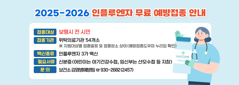 2025-2026 인플루엔자 무료 예방접종 안내 ❍ 접종대상: 보령시 전 시민 ❍ 접종기관: 위탁의료기관 54개소    ※ 지원대상별 접종일정 및 접종장소 상이(예방접종도우미 누리집 확인) ❍ 백신종류: 인플루엔자 3가 백신 ❍ 필요서류: 신분증(어린이는 아기건강수첩, 임신부는     산모수첩 등 지참) ❍ 문    의: 보건소 감염병예방팀 ☎ 930-2682(2457)