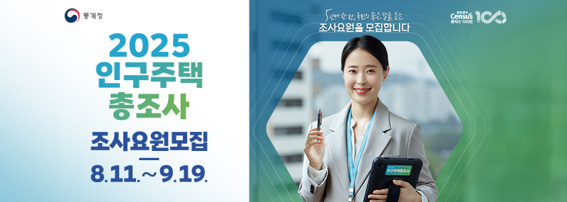 2025 인구주택 총조사 조사요원모집8.11~9.19 5년에 한번, 국민의 좋은 답을 듣는 조사요원을 모집합니다.통계청
