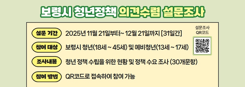 보령시 청년정책 의견수렴 설문조사 -설문 기간:2025년 11월 21일부터~ 12월 21일까지[31일간] -참여 대상:보령시 청년(18세~45세) 및 예비청년(13세~17세) -조사내용:청년 정책 수립을 위한 현황 및 정책 수요 조사(30개문항) -참여 방법:QR코드로 접속하여 참여 가능 설문조사 QR코드(QR 코드 이미지)